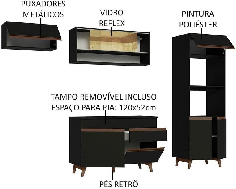Cozinha Completa Madesa Reims 260007 com Armário e Balcão - Preto - Gaamerr maniia 