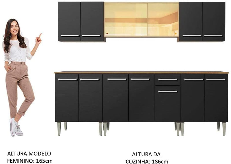 Cozinha Completa Madesa Emilly Fire com Balcão e Armário Aéreo Reflex - Rustic/preto - Gaamerr maniia 