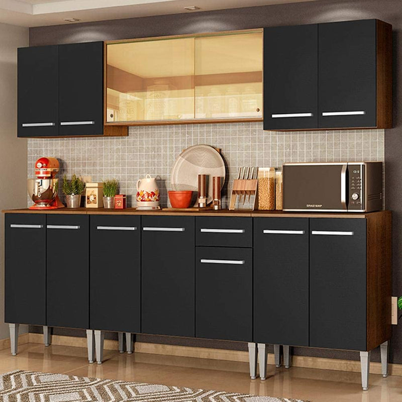 Cozinha Completa Madesa Emilly Fire com Balcão e Armário Aéreo Reflex - Rustic/preto - Gaamerr maniia 