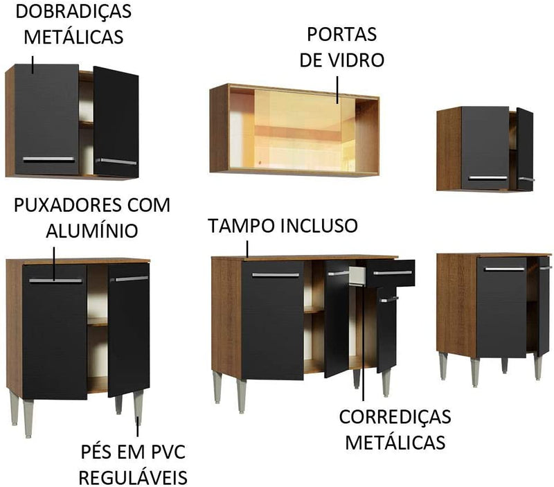 Cozinha Completa Madesa Emilly Fire com Balcão e Armário Aéreo Reflex - Rustic/preto - Gaamerr maniia 