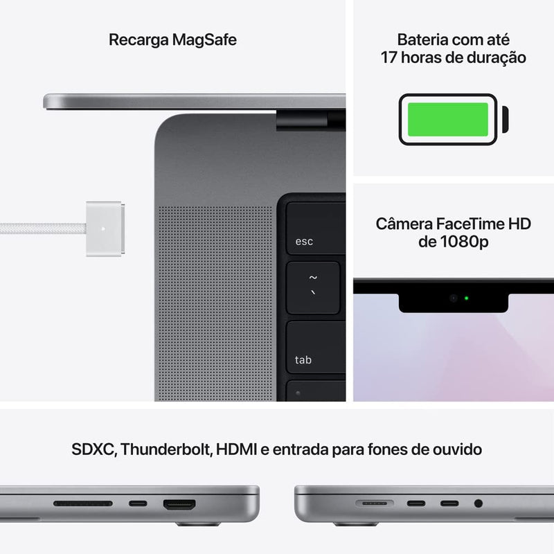 Apple MacBook Pro (de 14 polegadas, Processador M1 Pro da Apple com CPU 8‑core e GPU 14‑core, 16 GB RAM, 512 GB SSD) - Cinzento sideral - Gaamerr maniia 
