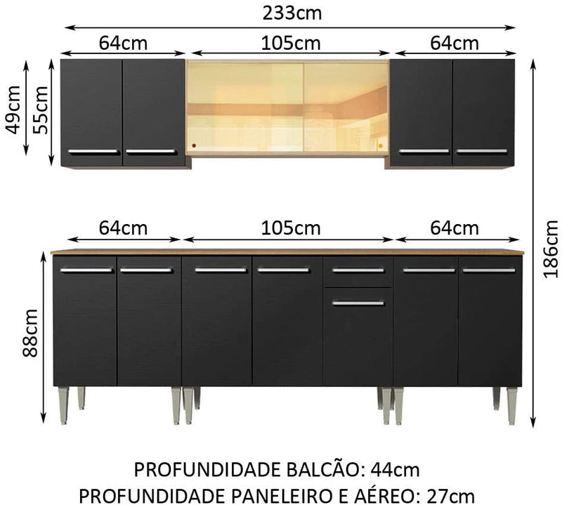 Cozinha Completa Madesa Emilly Fire com Balcão e Armário Aéreo Reflex - Rustic/preto - Gaamerr maniia 