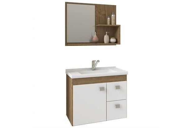 Gabinete Suspenso para Banheiro Hortência 46x55cm Branco E Carvalho - ofertasbacanassss