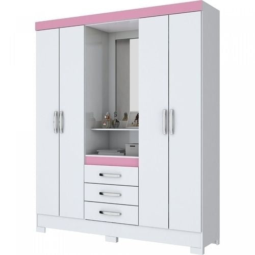 Guarda Roupa Solteiro com Espelho 4 Portas 3 Gavetas BHappy Espresso Móveis Branco/Branco Rosa - ofertasbacanassss