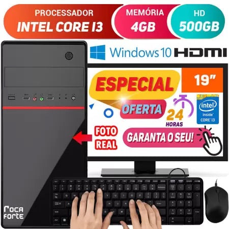 Computador Completo Pc Cpu Monitor 19” Intel Core i3 Hdmi 4GB HD 500GB Windows 10 Teclado e Mouse - Gaamerr maniia 
