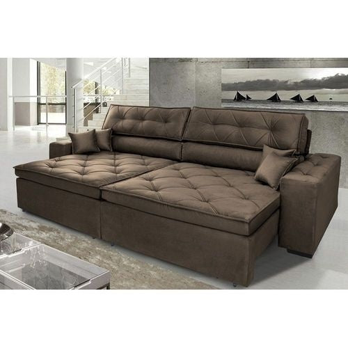 Sofá Austin 3,02m Retrátil Reclinável, Molas no Assento e Almofadas, Tecido Suede Velusoft Café - ofertasbacanassss
