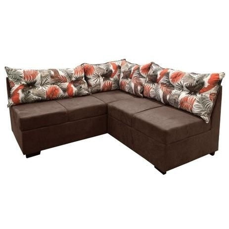 Sofá de Canto com Puff 5 Lugares Renaut Suede Marrom / Palmeira - ofertasbacanassss