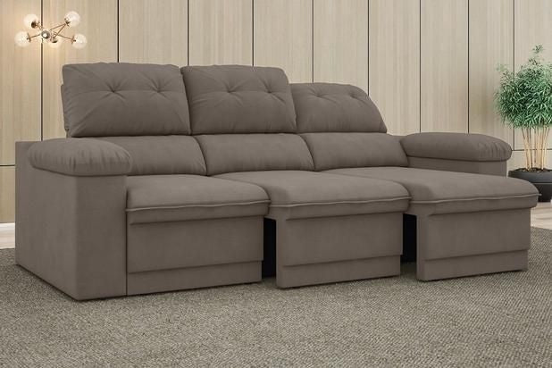 Sofá New Ripley 2,05m Assento Retrátil e Reclinável Velosuede Bege - NETSOFAS - ofertasbacanassss