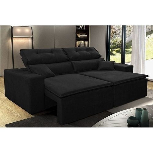 Sofá Retrátil, Reclinável Taurus 1,87 Mts Tecido Suede Velusoft Preto Cama InBox - ofertasbacanassss